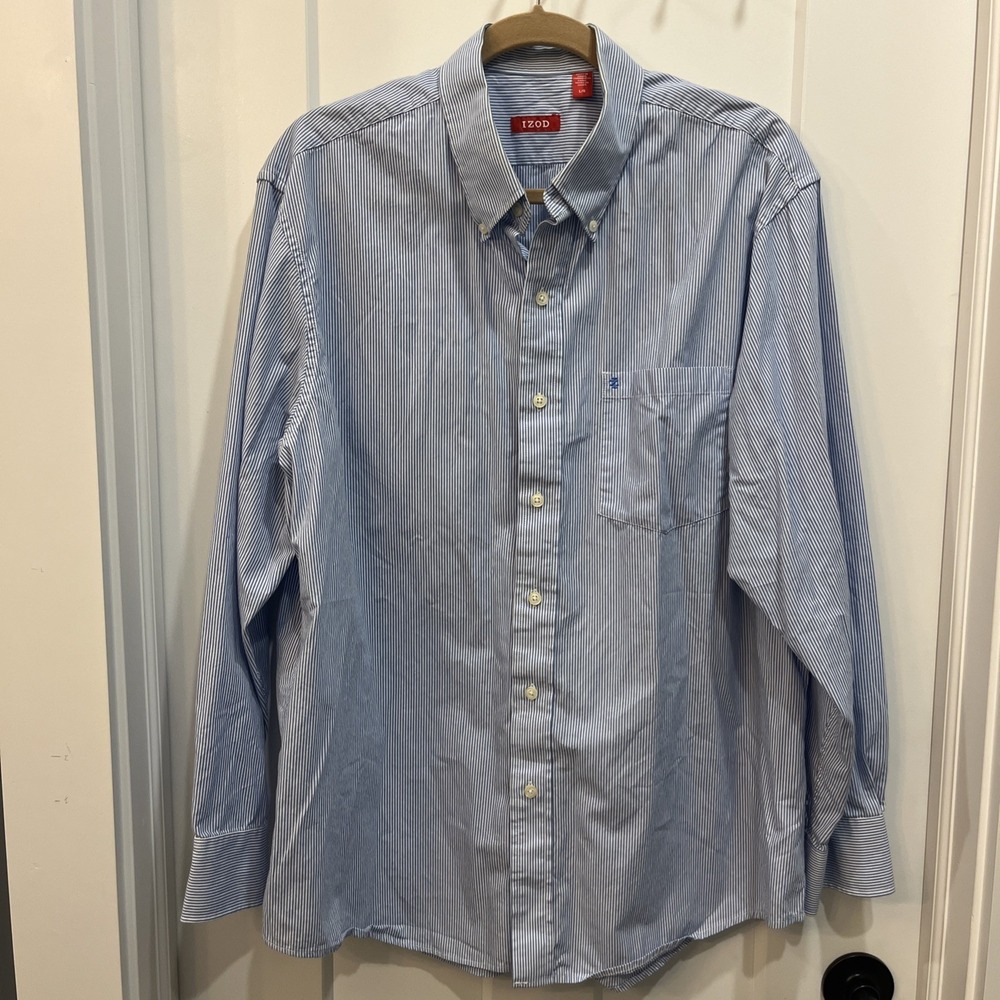 IZOD Men's Size L Blue White Pinstripes Collared Button Down Shirt 100%‎ Cotton